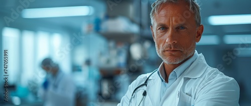 Medical, a male doctor stands with his arms crossed, in a sanjing style