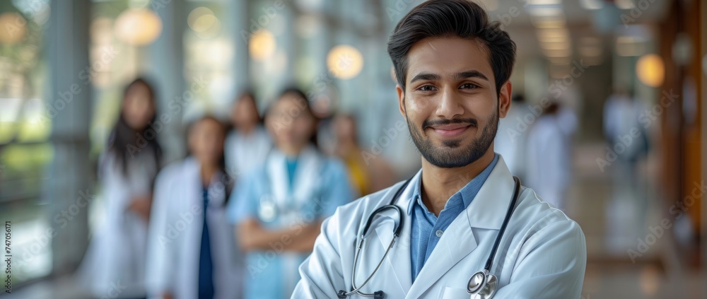 Fototapeta premium Medical, a male doctor stands with his arms crossed, in a sanjing style