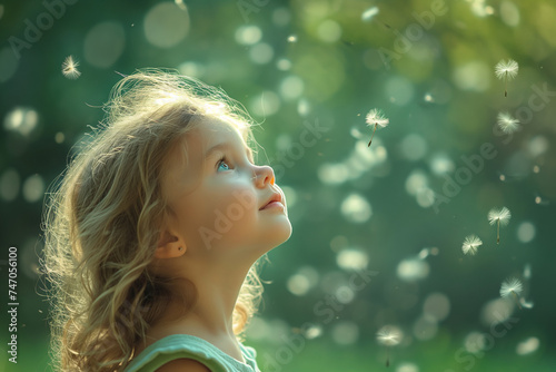adorable little girl looking up in the spring field