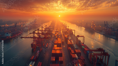 An enchanting aerial vista captures the bustling activity of a seaport as the sun sets