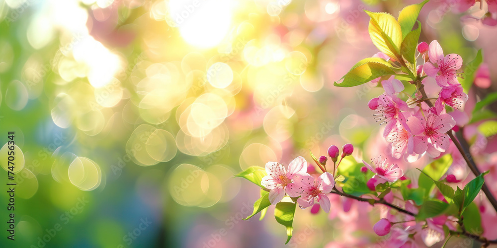 Pink cherry blossoms in the morning light, banner Pink cherry blossoms in the morning light, banner