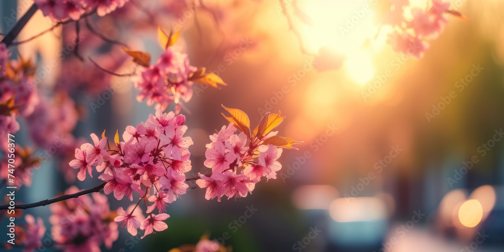 Pink cherry blossoms in the city street at sunset, banner Pink cherry blossoms in the city street at sunset, banner