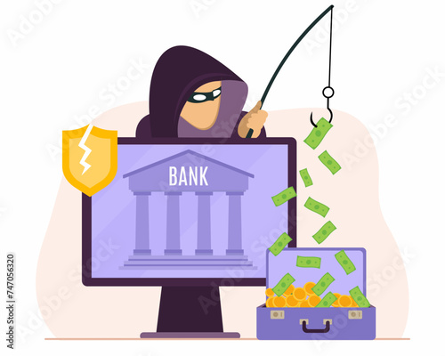 Internet hacker stealing phishing bank money Online payment scam Cybercrime vector illustration.
