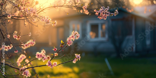 Pink cherry blossoms at sunset, banner