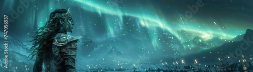 Valkyries in battle, their armor gleaming under the northern lights