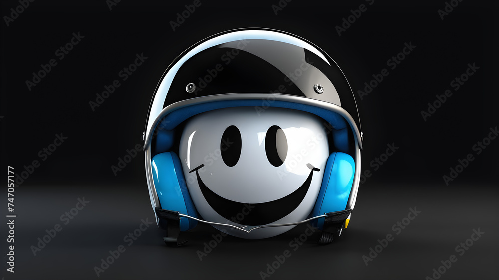 a cartoon character with happy face funny bike helmet on black background
