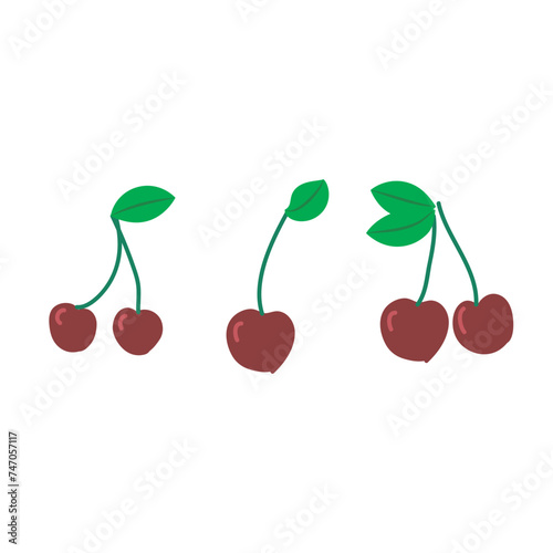 Set of 3 colorful cherry icons, simple vector cartoon style illustration elements for product or web design.