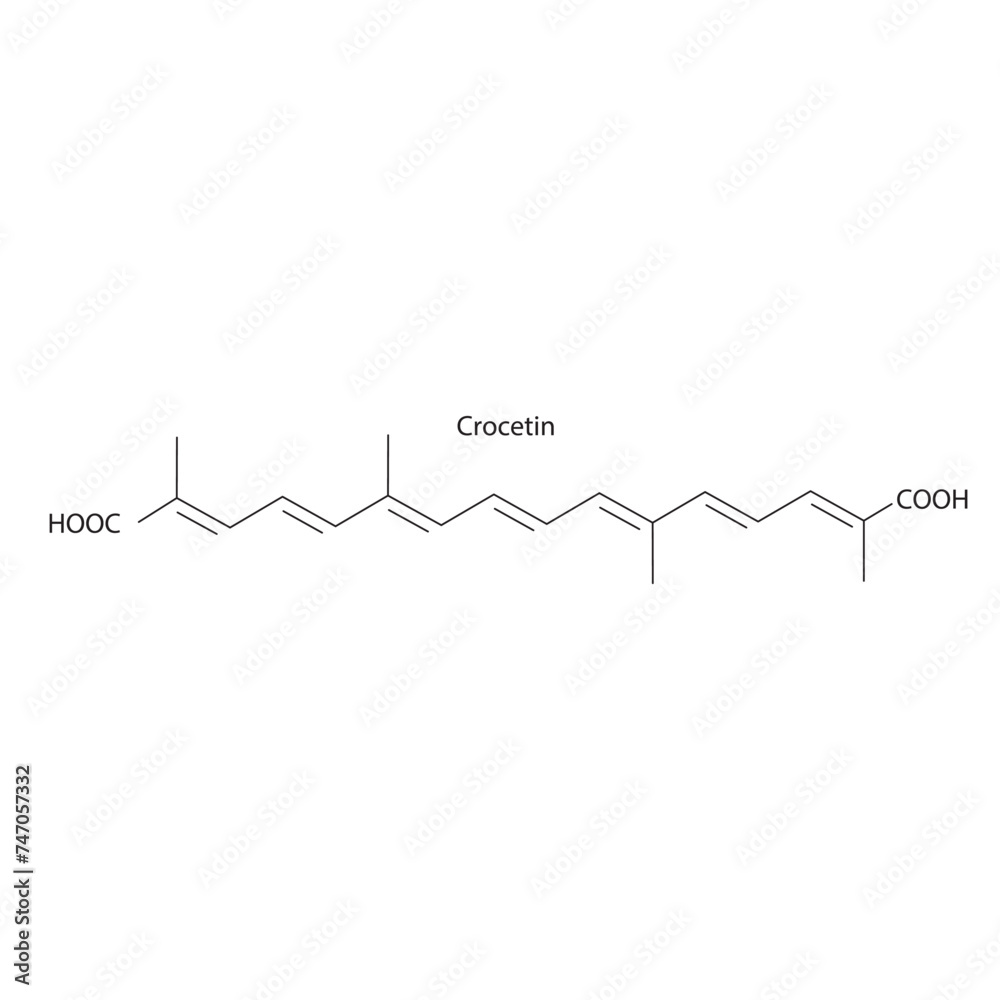 Crocetin skeletal structure diagram.Caratenoid compound molecule scientific illustration on white background.
