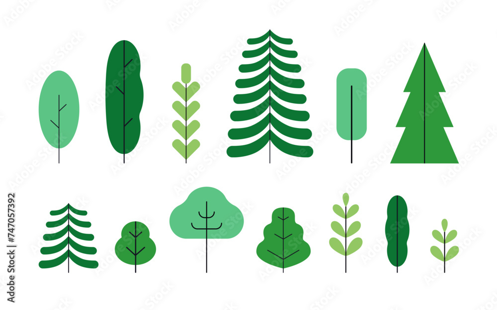 Forest trees set. Green plants, natural botanical floral elements collection. Fir conifer and leaf vegetations in modern simple style. Abstract flat vector illustrations isolated on white background