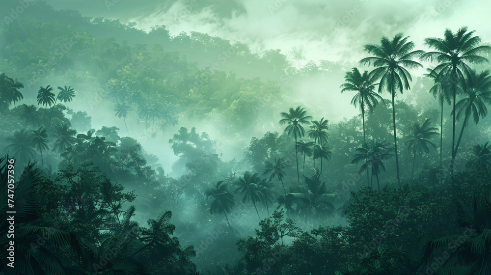 Tropical forest in fog from hill.