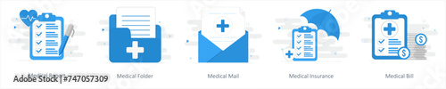 A set of 5 Mix icons as medical report, medical folder, medical mail