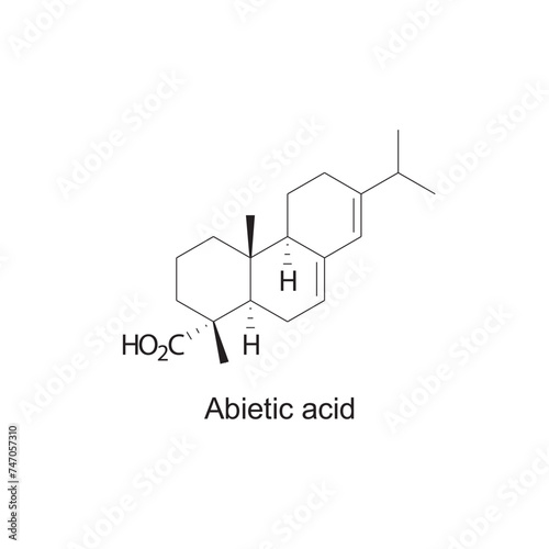 Abietic acid skeletal structure diagram.Sesquiterpene compound molecule scientific illustration on white background.