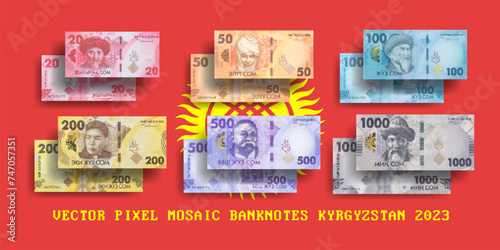 Vector set of pixel mosaic banknotes 2023 of Kyrgyzstan. Collection of notes in denominations of 20, 50, 100, 200, 500 and 1000 soms. Obverse and reverse. Play money or flyers.