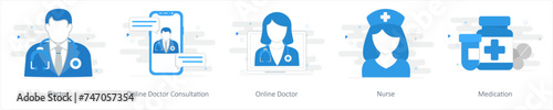 A set of 5 Mix icons as doctor, online doctor consultation, online doctor