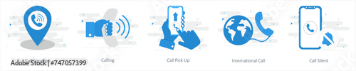 A set of 5 Mix icons as call location, calling, call pick up
