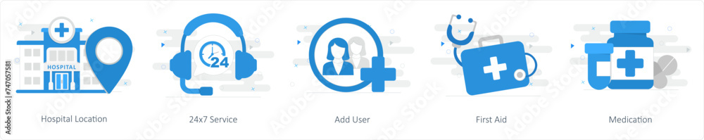 A set of 5 Mix icons as hospital location, 24x7 service, add user A set of 5 Mix icons as hospital location, 24x7 service, add user