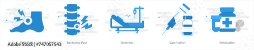 A set of 5 Mix icons as foot pain, backbone pain, stretcher