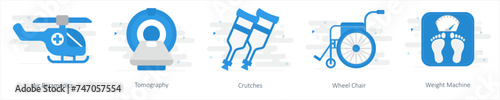 A set of 5 Mix icons as air peramedics, tomography, crutches