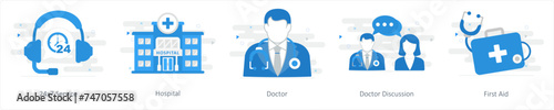 A set of 5Mix icons as 24x7 service, hospital, doctor