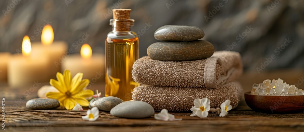 A wooden table adorned with towels, candles, rocks, and a bottle of oil, set up for a cozy event serving finger food made with ingredients like plant-based nutraceuticals and petals.