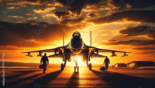 Fighter Jet Pilots Walking at Sunset on Airfield.