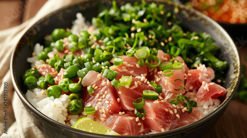 Tuna and green onion rice bowl.
