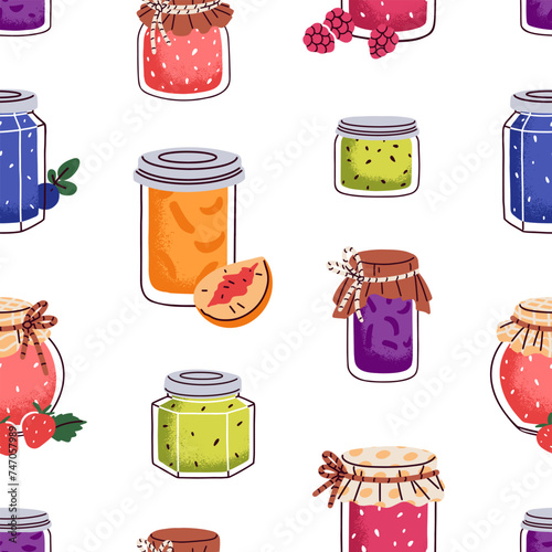 Jam pattern. Conserved fruits, confiture, jelly marmalade in jars, seamless b...