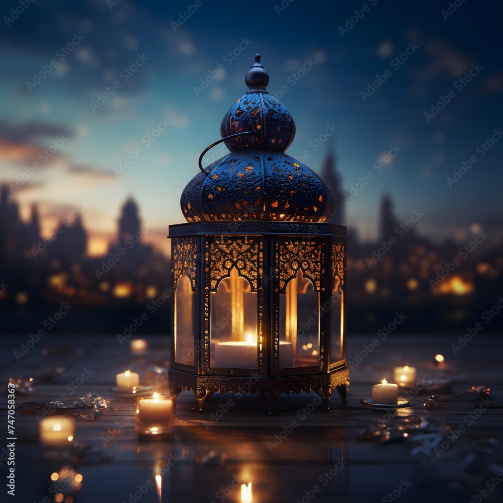 beautifully designed lantern is set against a background transitioning from night to dawn
