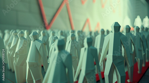 3d rendering of a group of paper mannequins in a row against a background of diagrams