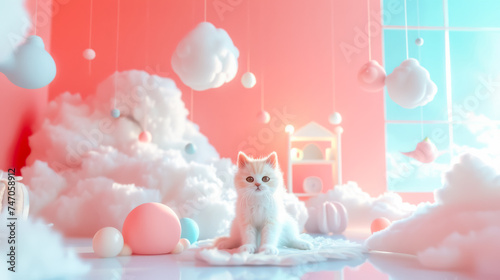 fluffy cat in pastel dreamland creating a serene and whimsical scene.