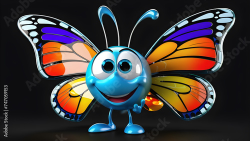 a cartoon character with a happy face funny butterfly on a black background. cartoon illustration of a butterfly. looking cute  adorable  and joyful. cartoon illustration. trendy style. banner 