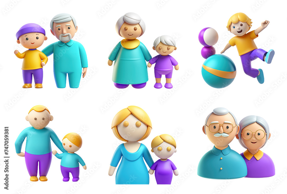 Family icon set, 3D render style, on white or transparent background.