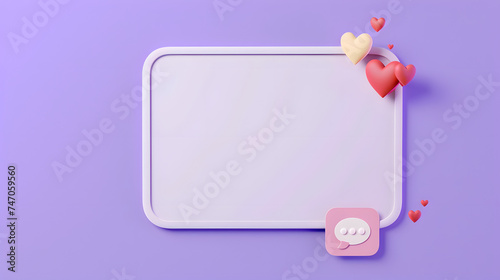 3D Speech bubble frame with Hashtag and Like. Social media promotion and marketing. Blank white popup. Message notification. Cartoon creative design isolated on purple background. 3D Rendering