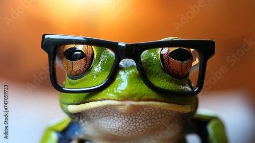 Clever and charming frog posing with stylish glasses in a professional studio setting