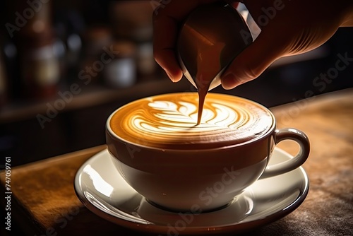 Coffee Cup with Latte or Cappuccino Art in Coffeeshop Closeup, Barista Makes Coffee with Milk