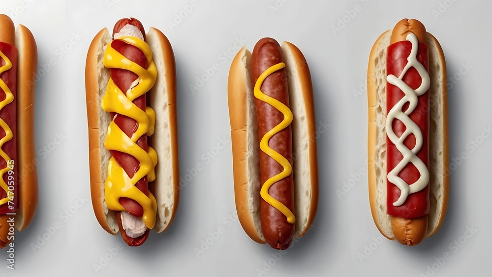 Hot dog topped with mustard and ketchup on a bun, so delicious Hot dog topped with mustard and ketchup on a bun, so delicious