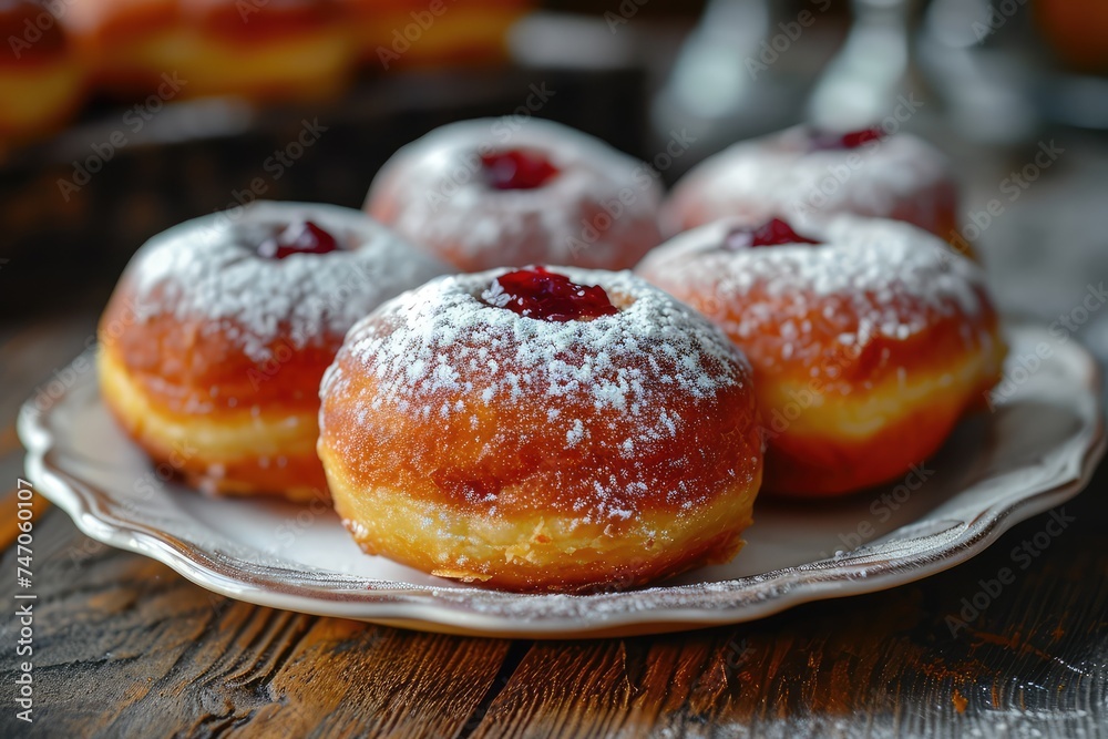 Donut berliner on white plate, Sufgania with powdered shugar and jam Donut berliner on white plate, Sufgania with powdered shugar and jam