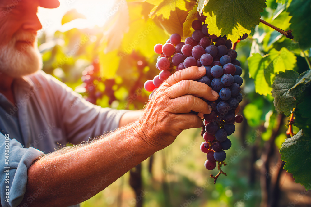 A farmer plucks blue grapes from a branch close-up, grape harvest, portrait, sunlight