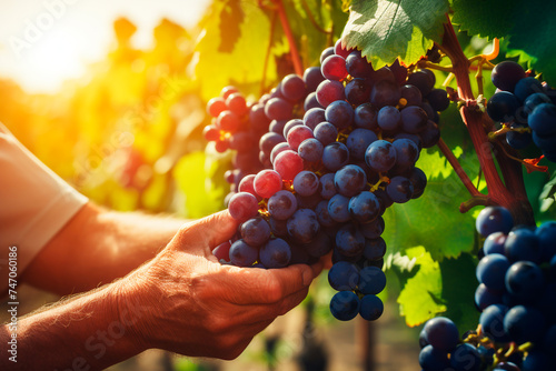 A farmer plucks blue grapes from a branch close-up, grape harvest, sunlight
