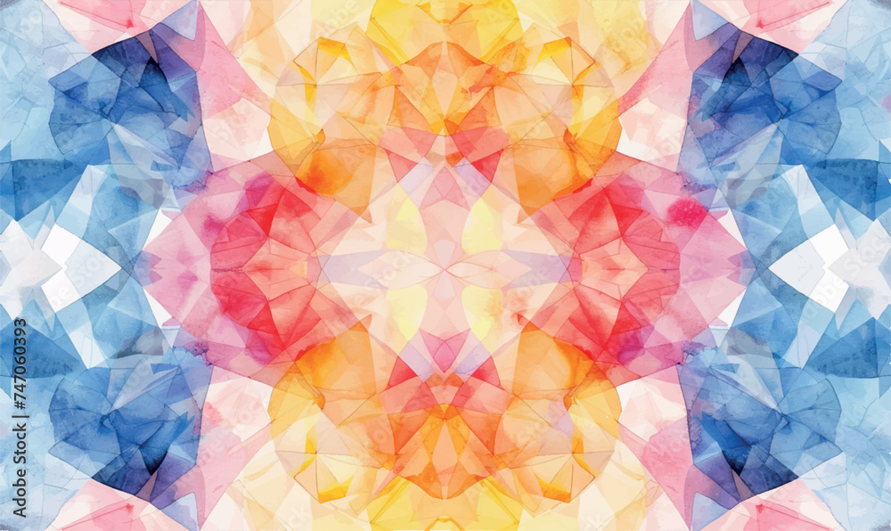 watercolor pattern mixing various bright colors and geometric shapes creates an interesting abstract pattern reminiscent of a kaleidoscope 