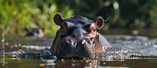 A hippopotamus is swimming in the water, its snout poking out as it looks directly at the camera in a natural landscape setting surrounded by grass. © TheWaterMeloonProjec