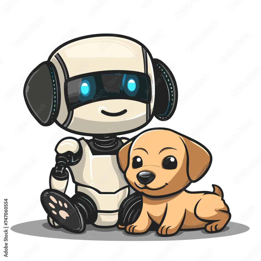 Obraz premium Cute little dog and robot on white background. Vector illustration.