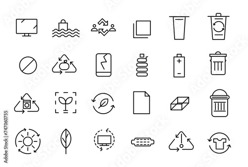 recycling waste line icons. Garbage disposal. Trash separation, waste sorting with further recycling. Editable stroke Vector illustration.