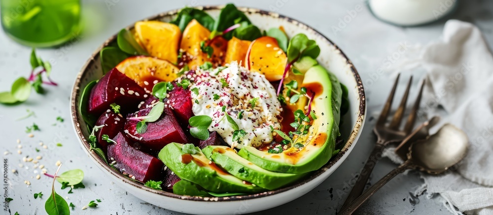 A dish of salad made with avocado, beets, spinach, and eggs is displayed on a table. The combination of fresh ingredients creates a nutritious and flavorful meal. A dish of salad made with avocado, beets, spinach, and eggs is displayed on a table. The combination of fresh ingredients creates a nutritious and flavorful meal.