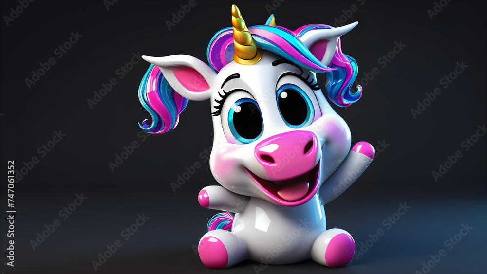 a cartoon character with a happy face funny cute unicorn on a black background.