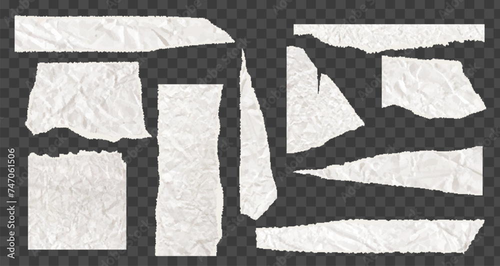 Set of torn paper pieces. White grunge jagged borders, corners and rectangular frames. Vector torn paper sheet for sticker, collage, banner. Ripped geometric shapes isolated on grey background Set of torn paper pieces. White grunge jagged borders, corners and rectangular frames. Vector torn paper sheet for sticker, collage, banner. Ripped geometric shapes isolated on grey background