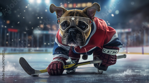 French bulldog playing ice hockey