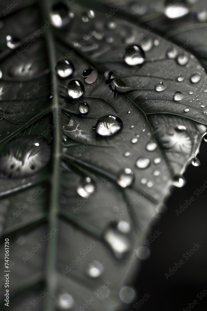 Close-up black and white water droplets on the leaf Close-up black and white water droplets on the leaf