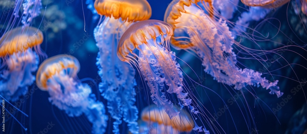 Obraz premium A mesmerizing underwater scene featuring a group of jellyfish