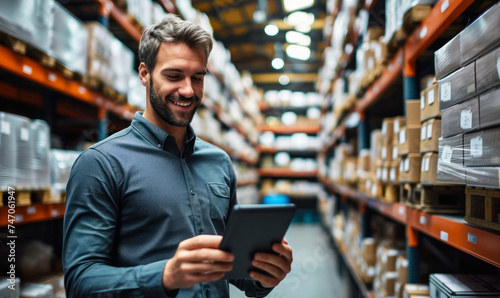 Smiling male warehouse manager using a digital tablet for inventory management in a modern storage facility, exemplifying efficient logistics and organization photo